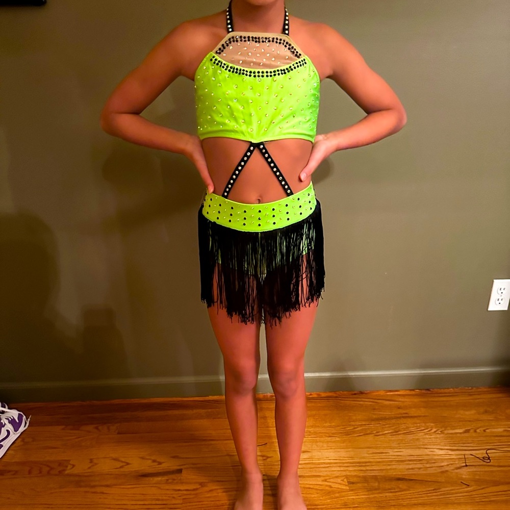 Neon green dance costume with sequins and black fringe. One piece. Beautiful